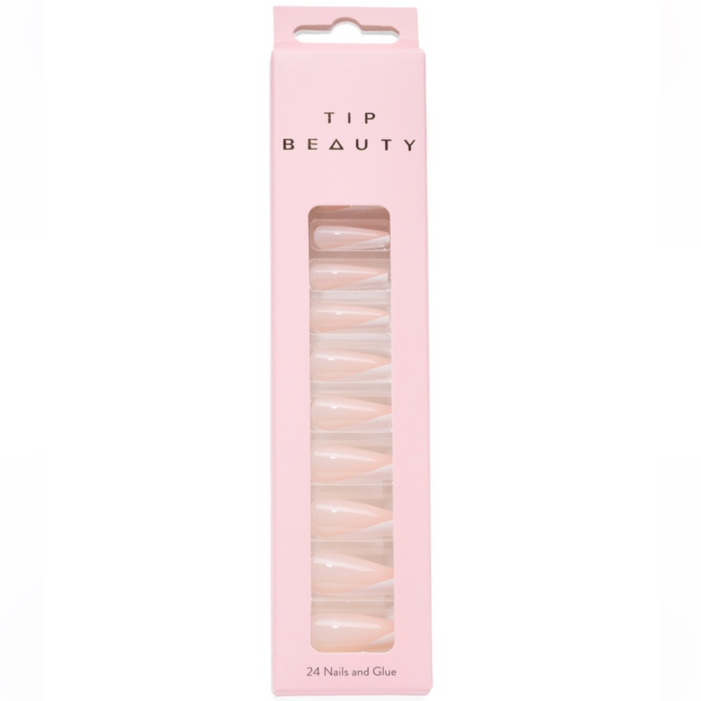TIP BEAUTY Coffin Nude Shiny White Stripe Glue And Nail Set, 24 Count, Nude